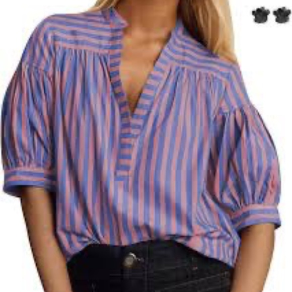 2-Striped Shirt Women V Neck Puff Short Sleeve Oversized Shirts Casual Summer - Picture 2 of 6